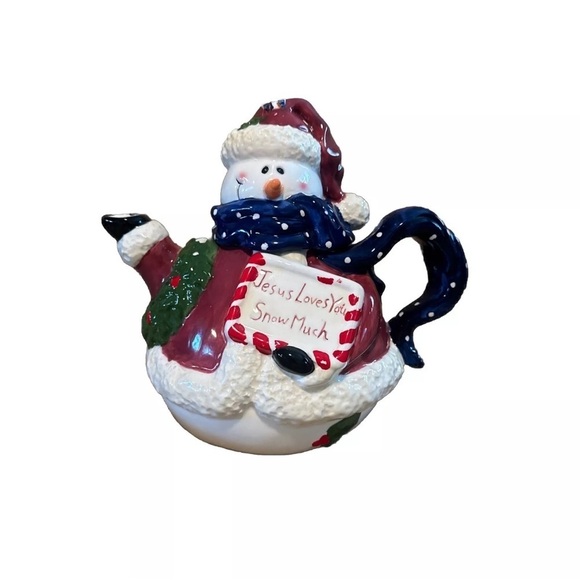 Vintage Dicksons Christmas Snowman Ceramic Teapot “Jesus Loves You Snow Much” - Picture 7 of 7